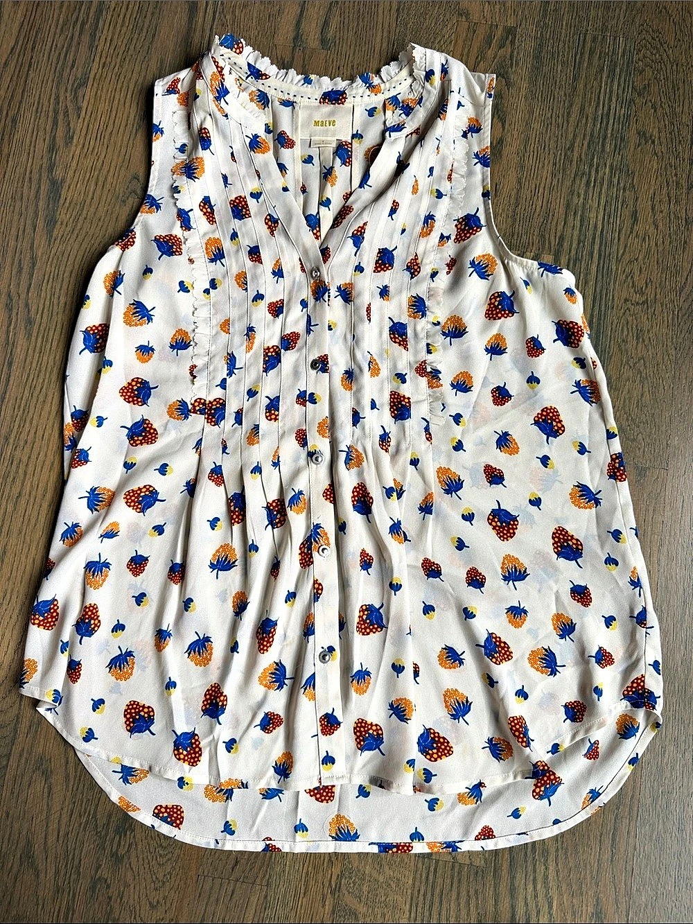 Maeve Floral Pleated Blouse in White & Blue Size 6 Like New